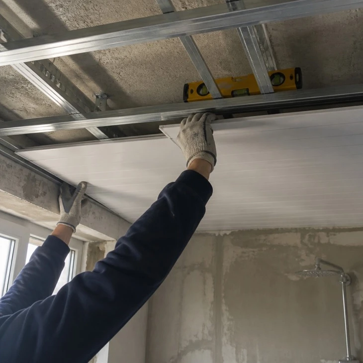 Installer fitting PVC ceiling cladding panels onto ceiling battens